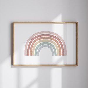 Könnte beinhalten: Ein gerahmtes Aquarellbild eines Regenbogens in gedeckten Farben wie Rosa, Orange, Gelb, Grün und Blau.