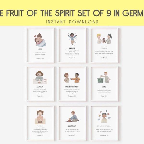 The Fruit of the spirit set of 9 in German, PRINTABLE wall art, Nursery bible wall art, German Scriptures for Kids, Christian home school