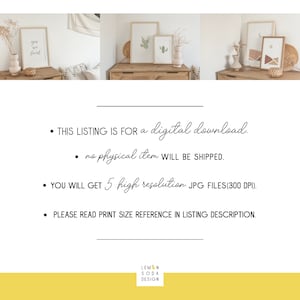 May include: A digital download listing for five high-resolution JPG files of printable wall art. The art features minimalist designs with a desert theme, including a cactus, a moon, and geometric shapes in shades of brown, beige, and white.