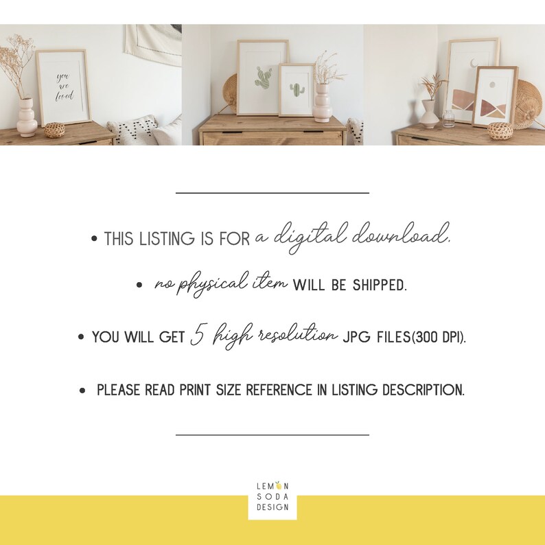 May include: A digital download listing for five high-resolution JPG files of printable wall art. The art features minimalist designs with a desert theme, including a cactus, a moon, and geometric shapes in shades of brown, beige, and white.