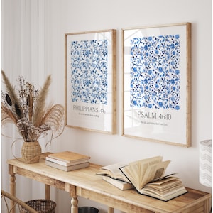 Blue Chinoiserie pattern Bible verse Set of 2 Christian religious room decor, Trendy Aesthetic contemporary art, Feminine art, Faith Gift