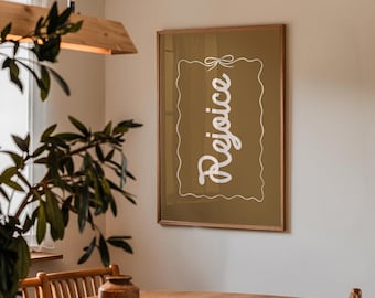 Rejoice Retro Script Christmas Wall Art Printable in Olive Green with Wavy Bow Frame
