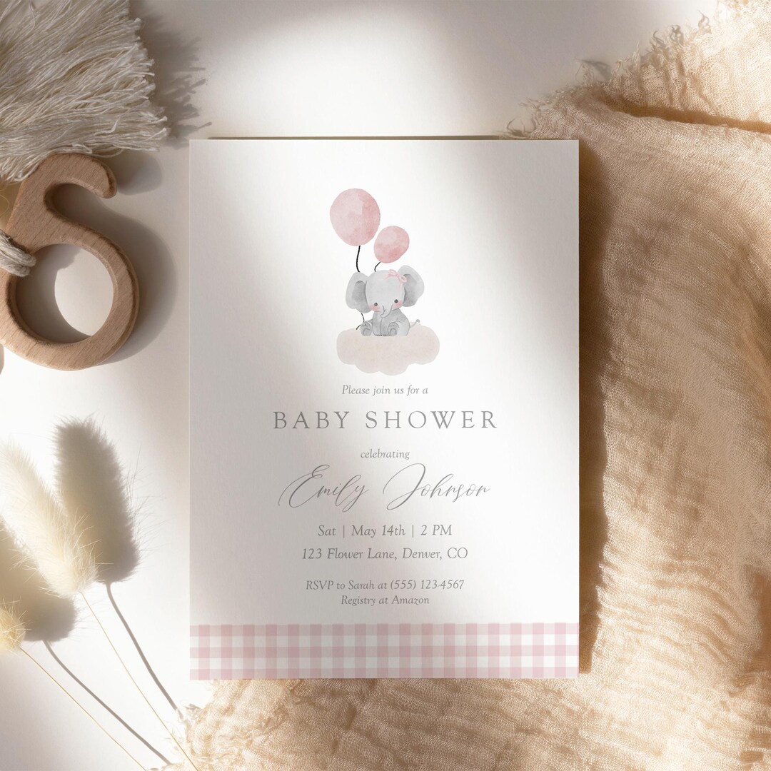 Pink Elephant Baby Shower Invitation Template, Editable Gingham Girl ...