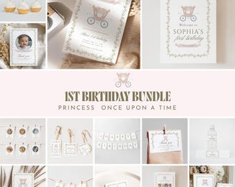 pink princess 1st birthday bundle once upon a time party template