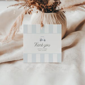 Bewerkbare kraamcadeau gunst tagsjabloon, lichtblauwe moderne golfkar babyshower, jongens babyshower gunst, digitale babyshower 0205