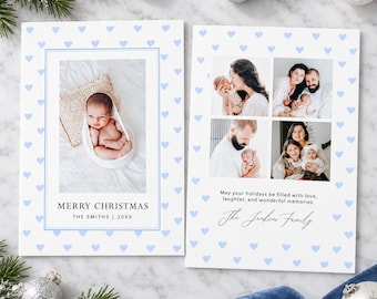 Blue Heart Christmas Photo Card Template Two Sided Simple Family Collage Design
