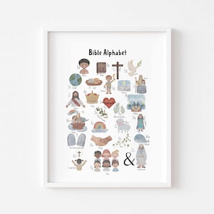 Kinder Bibel Alphabet Druck, druckbare christliche Lernwandkunst, christliche Hausschule Kirche Sonntagsschule Wanddekor Download