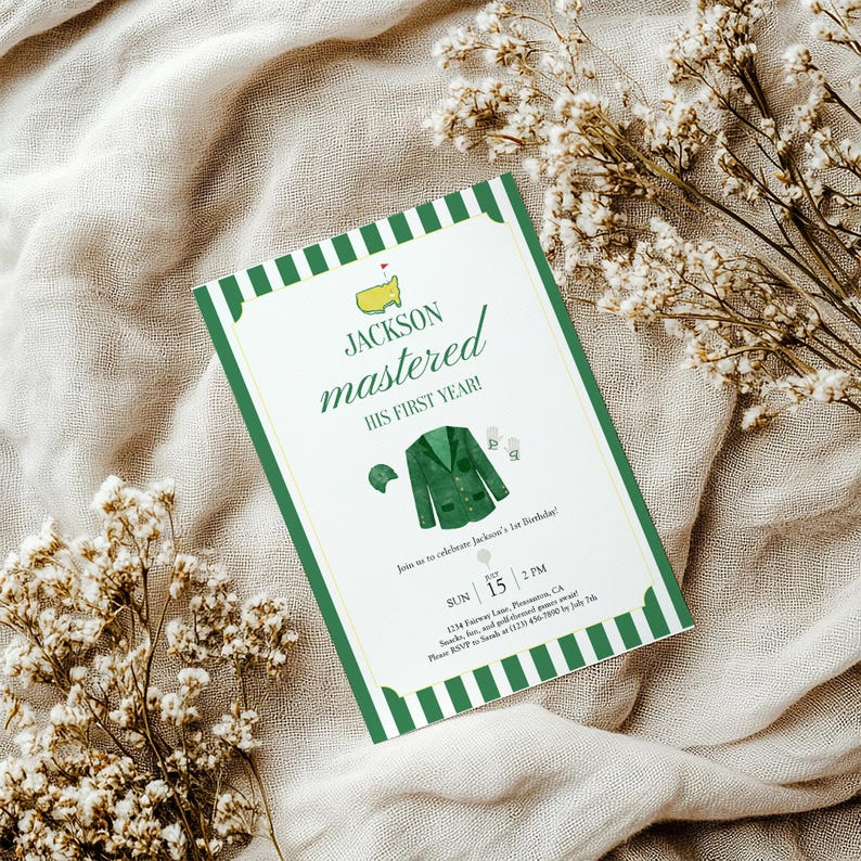 May include: A green and white invitation card with the text "Jackson mastered HIS FIRST YEAR!" and golf-themed illustrations. The card includes event details, date, and time. The design features a green border and a cream-colored background.
