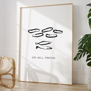 Puede incluir: Ilustración en blanco y negro de panes y peces con el texto "Dios proveerá."