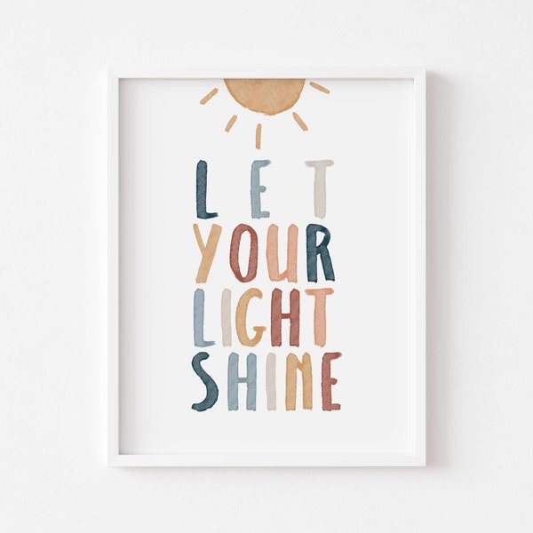 Matthäus 5:16 Let Your Light Shine, DRUCKBARE christliche Kinderzimmer Dekor, Neutrale Schrift Kinder Wandkunst, Aquarell Kinderzimmer, digitale Downloads