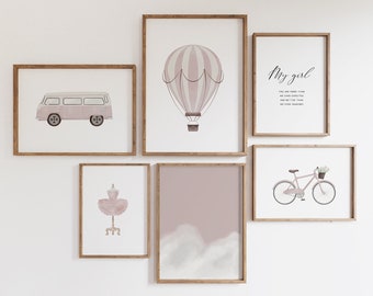 Pink my girl nursery wall decor bundle, pink hot air balloon bike ballet vintage van sky print, baby girl Nursery wall art, baby shower gift