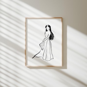 Printable Vietnam Aodai Dressed Woman print, Vietnamese traditional dress, Vietnamese Art, Minimalist Asian Line Drawing, Instant Download