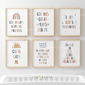 Set of 6 Kids bible verse wall art, Christian Nursery Boho Neutral Scripture Wall Art, Church Nursery Room Decor Bundle, Sunday Classroom