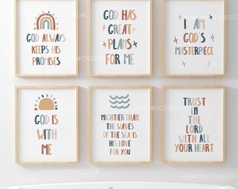Set of 6 Kids bible verse wall art, Christian Nursery Boho Neutral Scripture Wall Art, Church Nursery Room Decor Bundle, Sunday Classroom