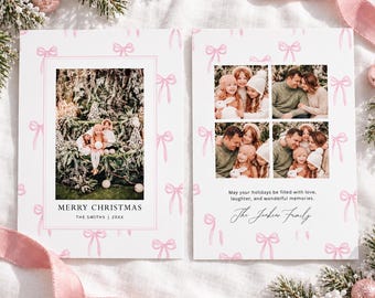Pink Bow Christmas Photo Card Template Two Sided Coquette Family Collage Design