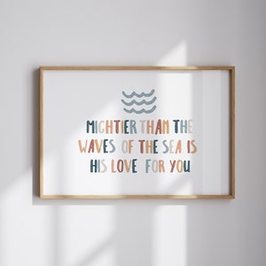 Más poderoso que las olas Christian Kids Impresión educativa del versículo bíblico, Salmo 93:4 Arte de la pared de las Escrituras de la guardería cristiana, escuela dominical de la Iglesia