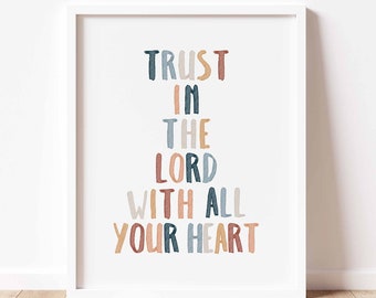 Spreuken 3:5 vertrouwen in de heer print, decor christelijk kinderdagverblijf, kinderen neutrale schriftkunst aan de muur, aquarel kinderdagverblijf decor, digitale downloads