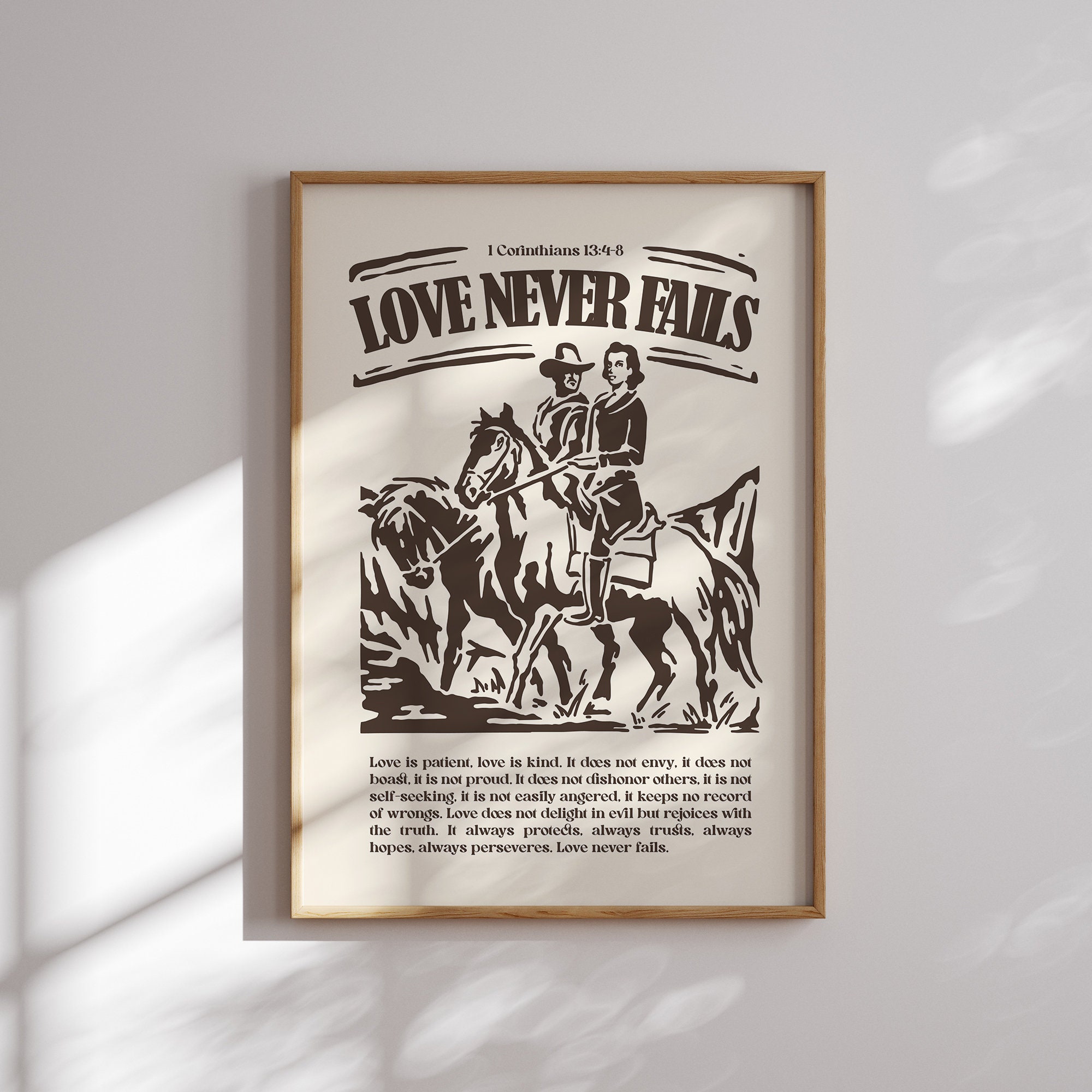 Vintage Western Cowboy Paar Liebe scheitert nie christliche Wanddekoration, 2 Korinther 13: 4-8, moderne christliche Kunst, christlich religiöses Geschenk