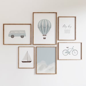 Paquete de decoración de pared para guardería de niño azul, globo aerostático azul, bicicleta, barco, furgoneta vintage, impresión del cielo, arte de pared para guardería de bebé niño, regalo para baby shower