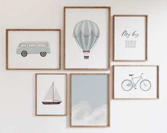 Blue my boy nursery wall decor bundle, blue hot air balloon bike boat vintage van sky print, baby boy Nursery wall art, baby shower gift