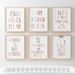 Juego de 6 impresiones con versículos bíblicos neutrales para guardería, Soy un hijo de Dios, arte de pared con la Biblia cristiana para guardería, paquete para guardería de iglesia, póster para escuela dominical