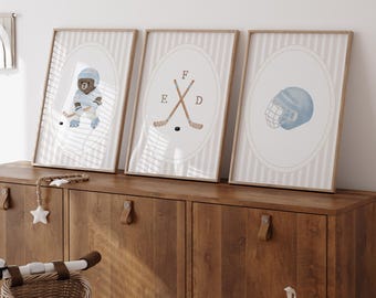 Personalized Blue Ice Hockey Teddy Bear Prints, Boy Sports Nursery Decor, Digital Download