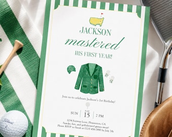 Green Jacket Golf First Birthday Invitation Boy Preppy Editable Template