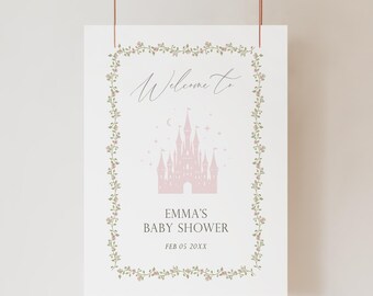 Princess baby shower welcome sign pink floral castle fairy tale coquette girl decor template