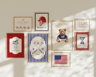 Preppy Red Blue Preppy Polo Teddy Bear Boys Room Wall Art Patriotic Print