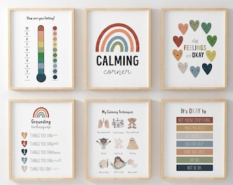 Set mit 6 beruhigenden Ecken Poster, erdig neutrale Beruhigungskonzepte, Lernposter, Emotionen Gefühle Diagramm Klassenzimmer Dekor Montessori18