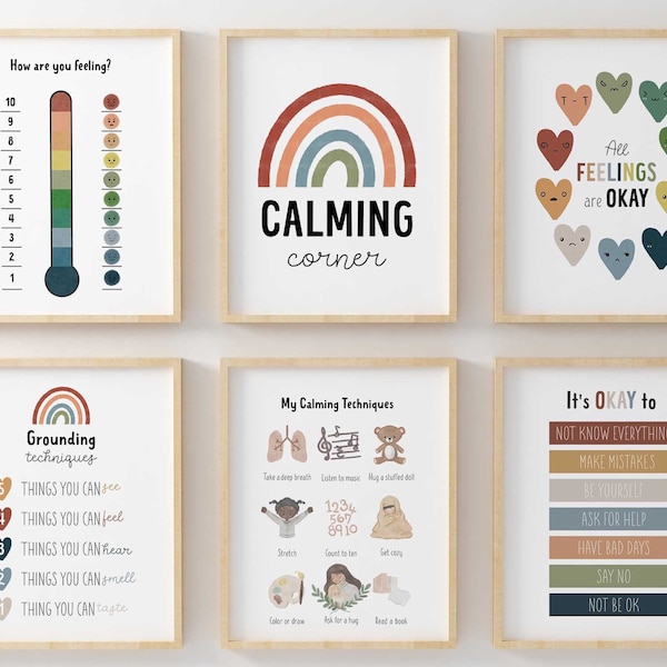 Set of 6 Calming Corner Poster, Earthy Neutral Calming Strategies, Educational Posters, Emotions Feelings Chart Classroom Decor Montessori18
