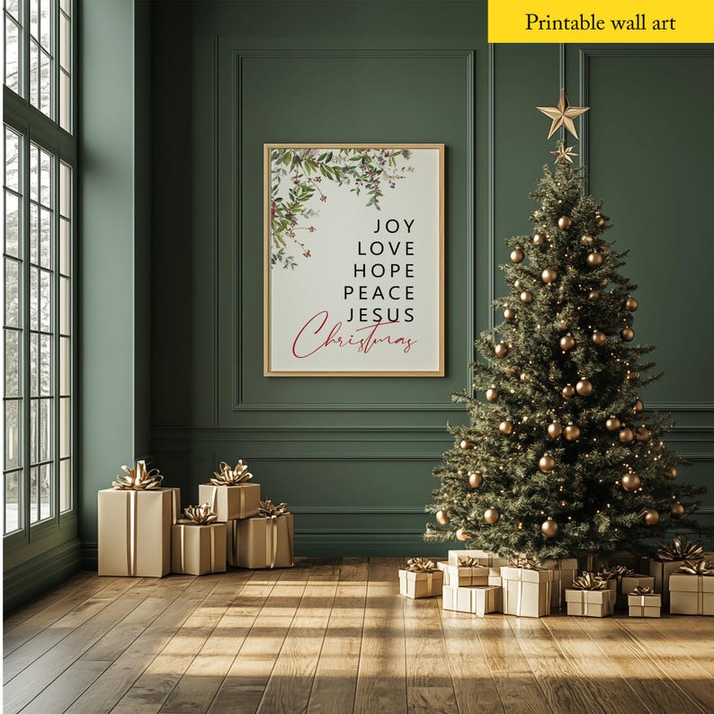 May include: Printable wall art featuring a Christmas-themed design with a green background and a white frame. The text reads "Joy Love Hope Peace Jesus Christmas".