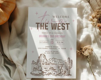 Welcome two the Wild West 2nd Birthday Invitation Cowgirl Vintage Editable Template