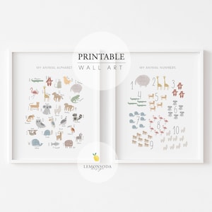 Printable Animal Alphabet Print ,Animal ABC Numbers Decor, Neutral Nursery Wall, Montessori Toddler Educational Poster, Instant download