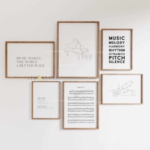 Set of 6 Music room decor, Music teacher student wall art, music score print, Piano Music quote Music note art, One line art, Minimal room