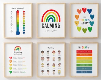 Conjunto de 6 arte de pared de esquina calmante, decoración colorida de la pared del vivero del arco iris, gráfico del termómetro de sensación, todos los sentimientos están bien, descargas digitales20