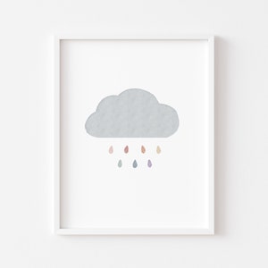 May include: A gray cloud with a light blue, gray, and purple raindrops falling from it. The raindrops are in a rainbow pattern.