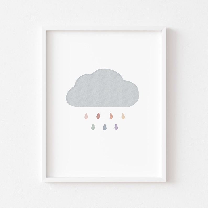 May include: A gray cloud with a light blue, gray, and purple raindrops falling from it. The raindrops are in a rainbow pattern.