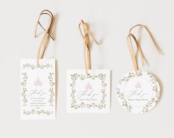Princess Baby Shower Favor Tag, Pink Floral Castle Thank You Tag Template