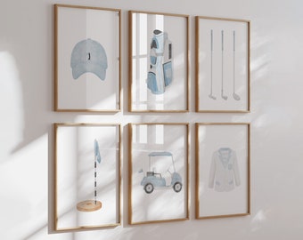 Golf nursery room set of 6 digital prints, Blue watercolor Sports nursery wall decor, boys Playroom golfer wall art, Kids Athlete wall decor