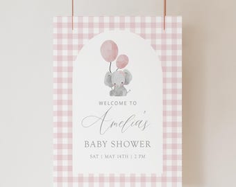 Pink Elephant Baby Shower Welcome Sign Template, Editable Gingham Girl Shower Poster