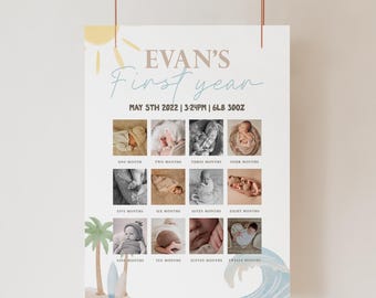 The Big One 12-Month Photo Milestone Board Editable Surf Birthday Coastal Beach 1st Birthday Template