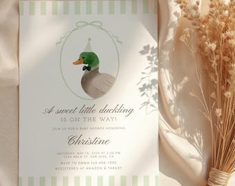 Mallard Duck Baby Shower Invitation, Minimal Watercolor Green Invite