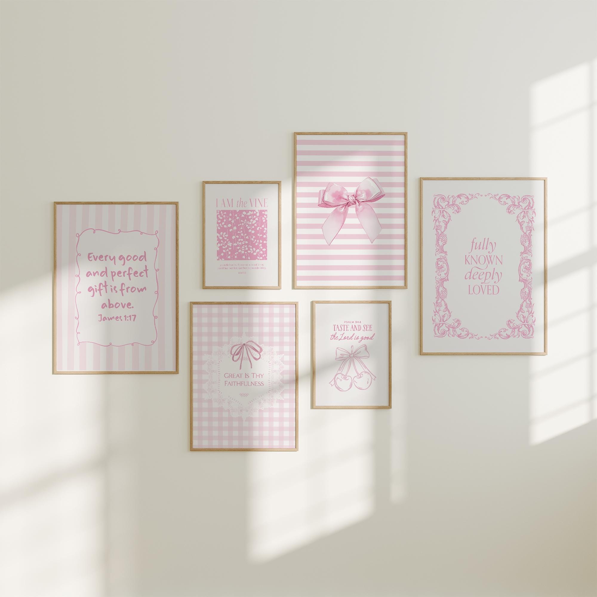 Pink Girly Christian coquette bible verse set of 6 digital prints, Trendy Aesthetic scripture Christian room decor, Dorm decor, faith gift