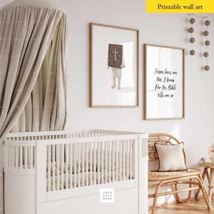 May include: Two printable wall art prints with a white background and black text. The first print features a watercolor illustration of a child holding a Bible. The second print features the text "Jesus loves me this I know For the Bible tells me so".