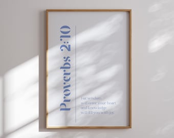 Proverbs 2:10 Wisdom bible verse printable wall art, Modern Trendy aesthetic Christian wall decor, Blue scripture wall art, Christian gift