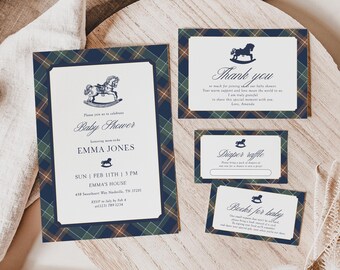 Rocking Horse Baby Shower Invitation Bundle, Navy Plaid Preppy Boy Editable Template
