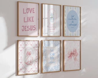 Pink Blue Christian Bible Verse Posters, Coquette Cottagecore Faith Art Set