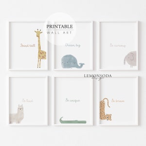 Afirmación infantil imprimible, cita infantil con estampado animal de acuarela neutra, decoración de pared de guardería en acuarela, pared de habitación infantil, descarga instantánea