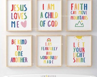 Láminas de versículos bíblicos para niños: Decoración cristiana colorida para habitación infantil (juego de 6) (descarga digital)